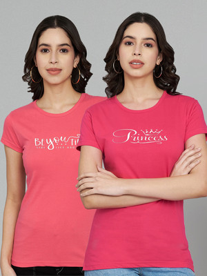 Trend Level Typography Women Round Neck Pink T-Shirt