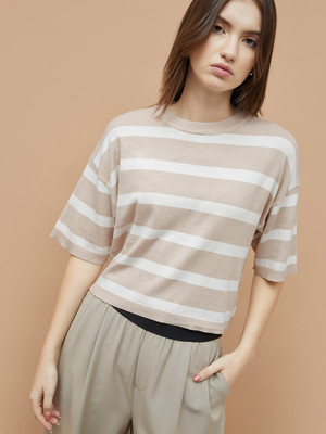 Ginger by Lifestyle Striped Women Round Neck Beige T-Shirt