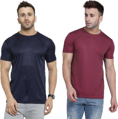 TQH Solid Men Round Neck Dark Blue, Maroon T-Shirt