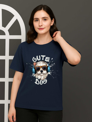 Merag Printed Women Round Neck Dark Blue T-Shirt
