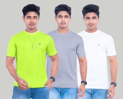 Fashion Territory Solid Men Round Neck Light Blue, Silver, White T-Shirt
