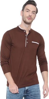 Jangoboy Solid Men Mandarin Collar Brown T-Shirt