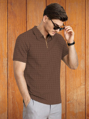 Siya Fashion Self Design Men Polo Neck Brown T-Shirt