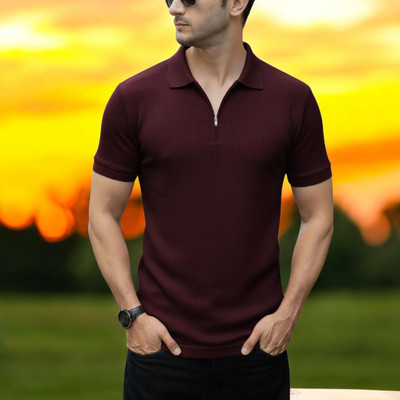 The Stanch Self Design Men Polo Neck Maroon T-Shirt