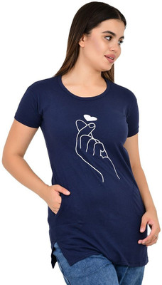 Romaan Fashion Solid Women Round Neck Navy Blue T-Shirt