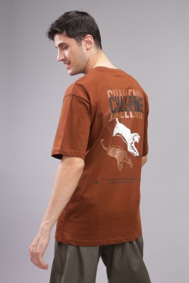 ADRO Printed Men Round Neck Brown T-Shirt