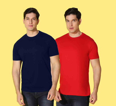WOOSTRO Solid, Typography Men Round Neck Blue, Red T-Shirt