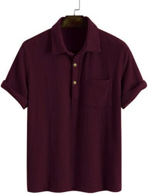 ColorChakra Self Design Men Polo Neck Maroon T-Shirt