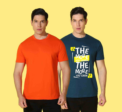 WOOSTRO Solid Men Round Neck Orange, Blue T-Shirt