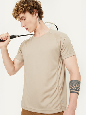 MAX Solid Men Round Neck Beige T-Shirt