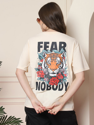 Fabflee Printed Women Round Neck Beige T-Shirt