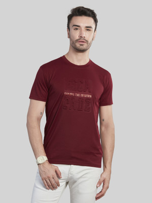 BE POSITIVE Solid, Typography Men Round Neck Maroon T-Shirt