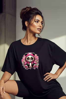 LuxeApe Printed Women Round Neck Black T-Shirt