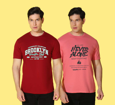 WOOSTRO Printed Men Round Neck Red, Pink T-Shirt
