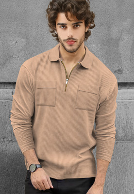 TRIPR Solid Men Polo Neck Beige T-Shirt