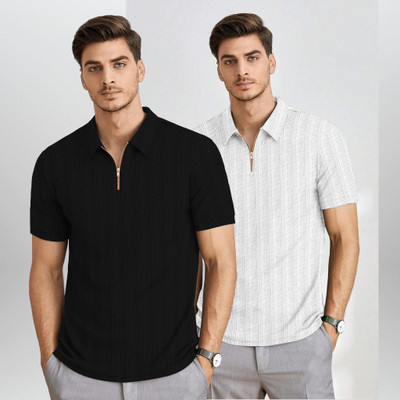 BROWEARS Self Design Men Zip Neck Black, White T-Shirt