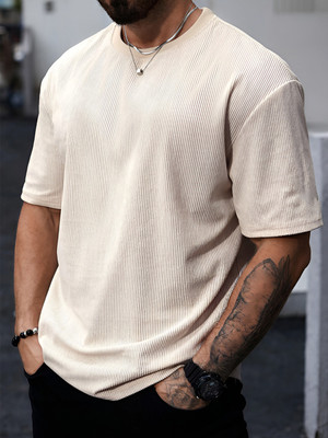 KEX Self Design Men Round Neck Beige T-Shirt
