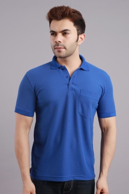 HouseOfCommon Solid Men Polo Neck Blue T-Shirt