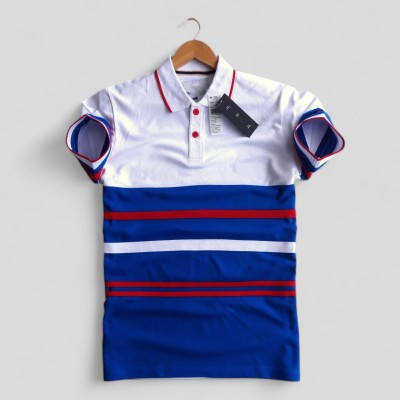 Magneto Striped Men Polo Neck White T-Shirt