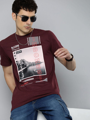 R.Code by The Roadster Life Co. Printed Men Round Neck Maroon T-Shirt