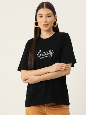 SLENOR Graphic Print Women Round Neck Black T-Shirt