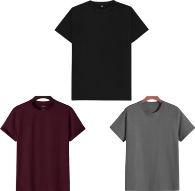 P collection Solid Men Round Neck Black, Maroon, Grey T-Shirt