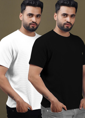 Yazole Solid Men Round Neck Black, White T-Shirt