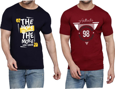 WOOSTRO Printed Men Round Neck Maroon, Dark Blue T-Shirt