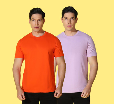 WOOSTRO Solid, Printed Men Round Neck Pink, Orange T-Shirt