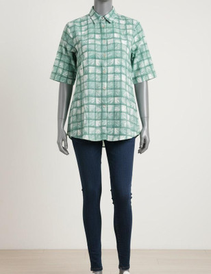 Fashion Point Solid Women Mandarin Collar Light Green T-Shirt