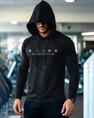 AOOSH Printed Men Hooded Neck Black T-Shirt