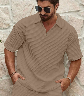 KAJARU Self Design Men Polo Neck Brown T-Shirt