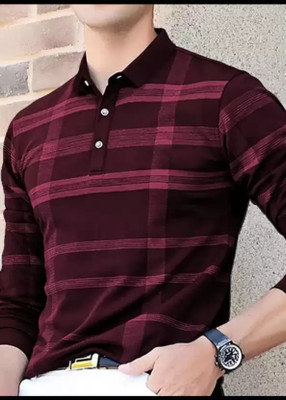 AVEJO Striped Men Polo Neck Maroon T-Shirt