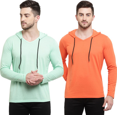 Tresna Trendy Solid Men Hooded Neck Orange, Light Green T-Shirt