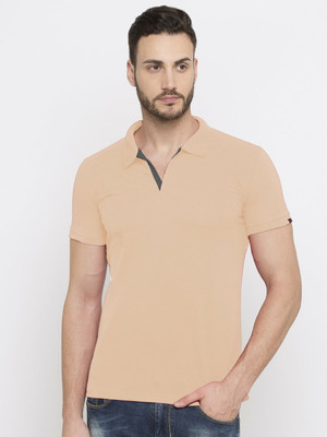 Status Quo Solid Men Polo Neck Beige T-Shirt
