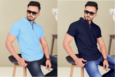 INDICLUB Solid Men Polo Neck Light Blue, Navy Blue T-Shirt