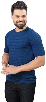 METRONAUT Striped Men Round Neck Dark Blue T-Shirt