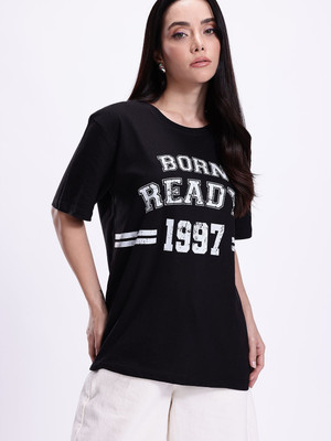 Kook N Keech Typography Women Round Neck Black T-Shirt