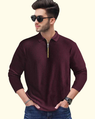 TELOXY Self Design Men Zip Neck Maroon T-Shirt