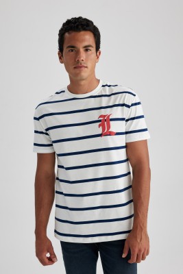 defacto Striped Men Round Neck White T-Shirt