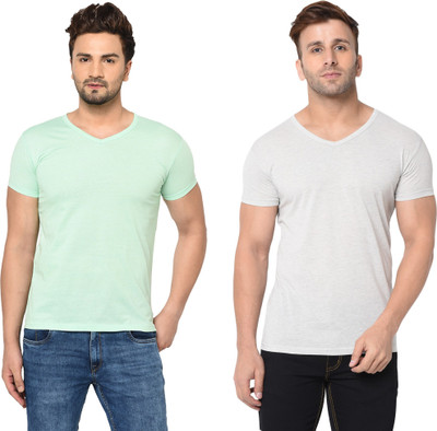 Tresna Fab Solid Men V Neck White, Green T-Shirt