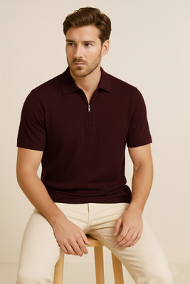 The Stanch Self Design Men Polo Neck Maroon T-Shirt