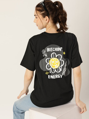 Dressberry Printed Women Round Neck Black T-Shirt