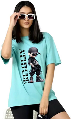 ALPHINE Typography, Graphic Print Women Round Neck Light Blue T-Shirt