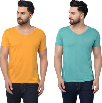 Tresna Trendy Solid Men V Neck Yellow, Light Green T-Shirt