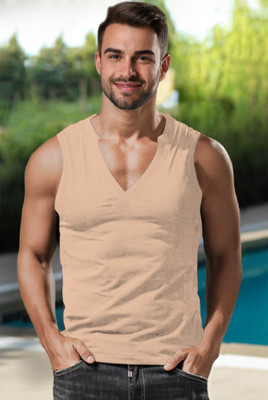 TRIPR Solid Men Scoop Neck Beige T-Shirt