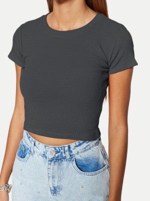 radprix Solid Women Round Neck Grey T-Shirt