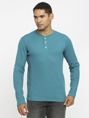BASICS Solid Men Henley Neck Blue T-Shirt