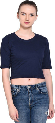 GEUM Solid Women Round Neck Dark Blue T-Shirt