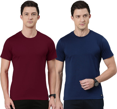 RUPA JON Solid Men Crew Neck Maroon, Dark Blue T-Shirt